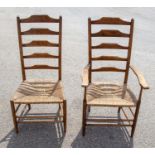 Philip Clissett, a set of six Arts and Crafts ladderback rush seated chairs, ash construction,