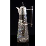 After Christopher Dresser, an Aesthetic Movement silver plate and enamelled glass claret jug,