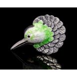 A silver and enamelled hummingbird brooch, circa 1940s, modelled as a birds head,