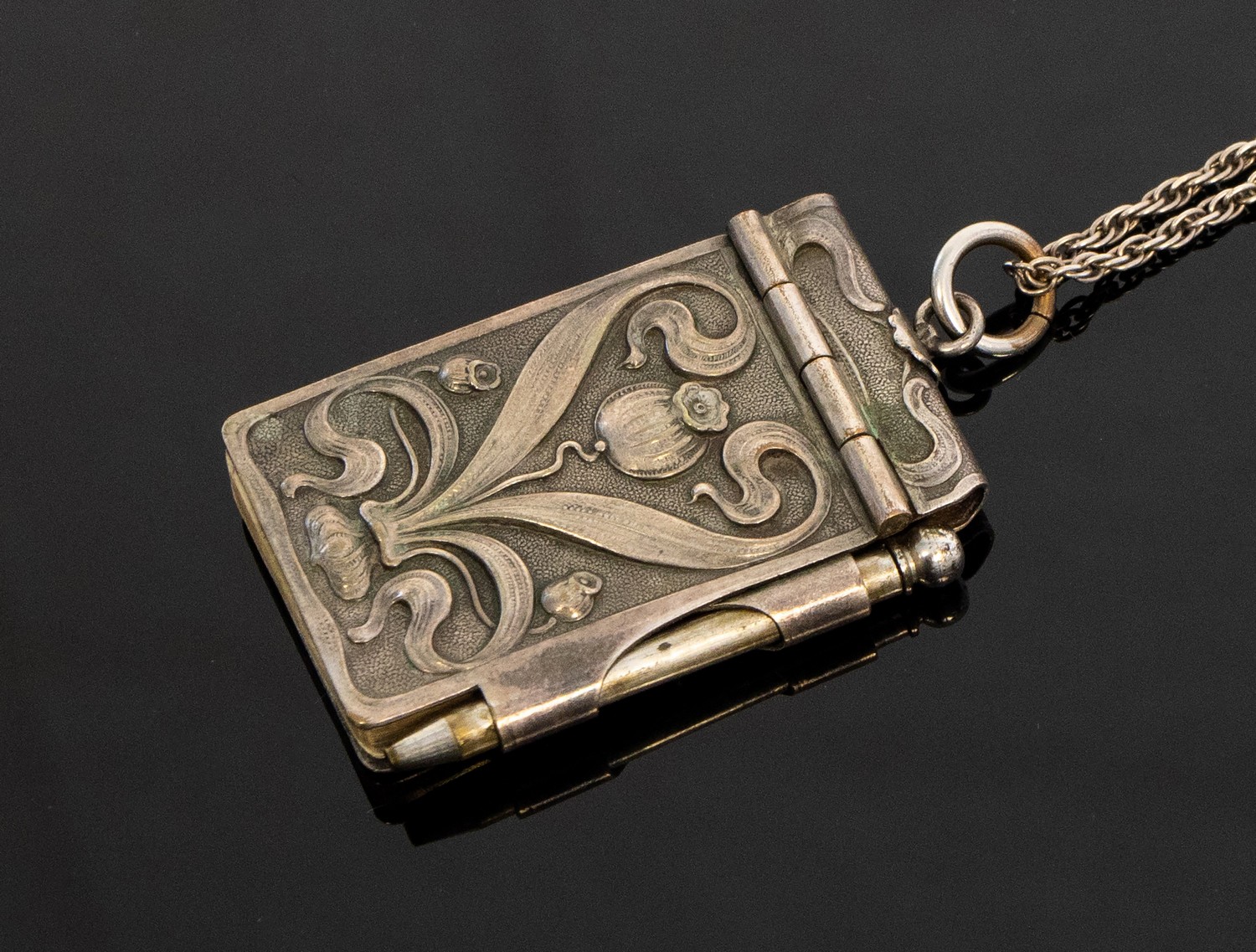 Art Nouveau silver plated miniature aide memoire notebook pendant, on sterling silver chain,