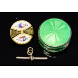 An Art Deco silver and enamelled compact, apple green guilloche enamel,