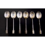 Six Art Deco silver coffee spoons, angular form with engine turned facet finials,