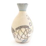 Diane Parkes, a studio pottery vase, ovoid form, incised fish design,