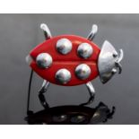 A novelty Ladybird brooch in white metal and red plastic, circa 1970, 5.