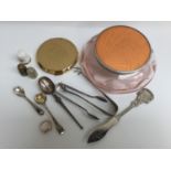 A 9ct gold ring shaft, thimbles, powder compact, powder bowl and decorative spoons,