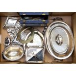 A quantity of silver plated wares to include egg shaped butter dish, tureens,