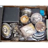 A box of assorted silver plated items, including trays, canteens of cutlery, muffin dish,