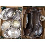 Two boxes of assorted silver plated items, including trays, tureens, dishes, posy vases,