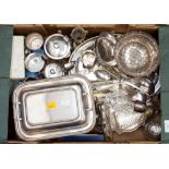 A collection of silver plated items to include trays, a condiment set, a rose bowl, flatware,