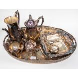 A four piece Viners silver plated tea service; together with a large gallery tray, dish,