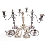 A pair of silver plated two branch candelabra,