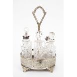 A late Victorian silver six piece condiment set, comprising sifters, bottles, mustard pot,