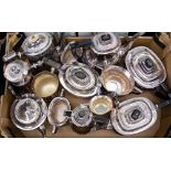 A box containing part silver plated tea services, comprising teapots, coffee pots, milk jugs,