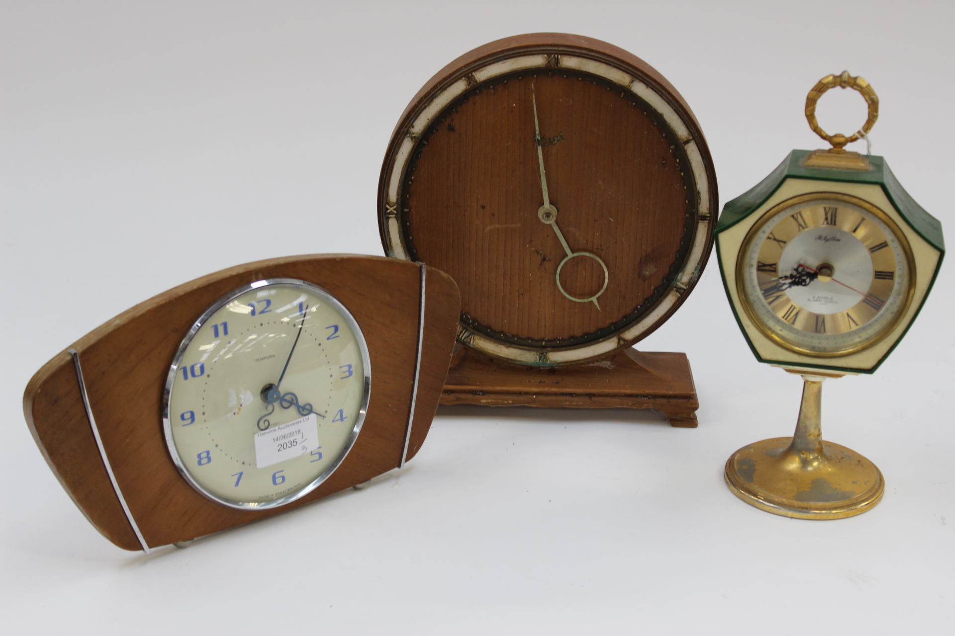 1950s mantle clocks including Rhythm alarm clock,