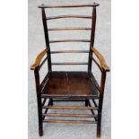 A 19th Century elm seated ladder back open armchair, of regional design,