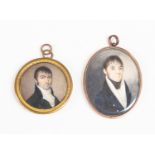 Two mid 19th Century portrait miniatures of the same gentleman, circa 1840, on ivory, mounted,