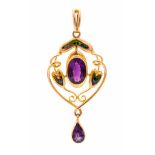 An Art Nouveau enamel and amethyst pendant,