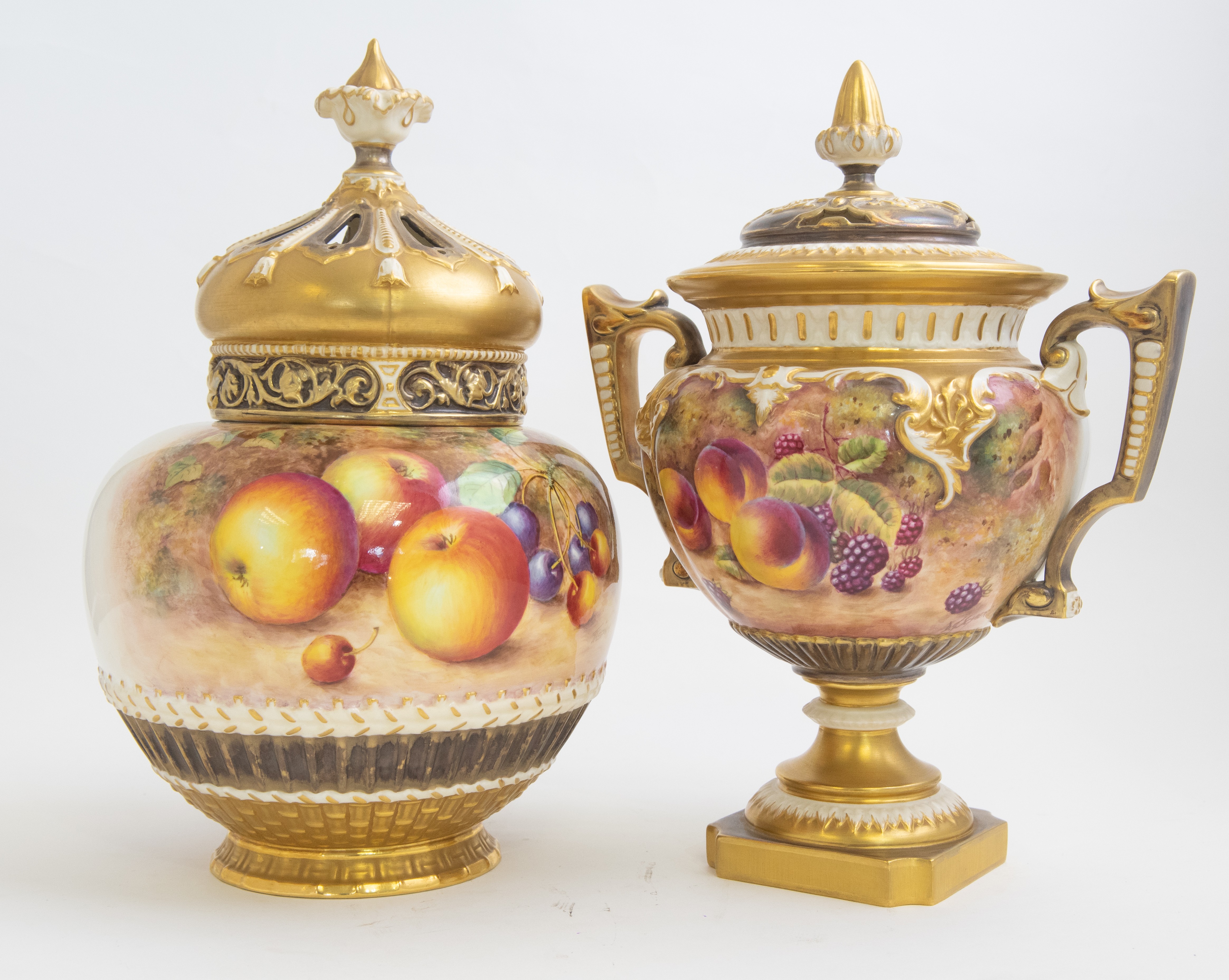 A Royal Worcester fruit painted twin handled pedestal vase, ovoid form, foliate handles,