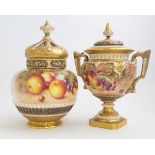A Royal Worcester fruit painted twin handled pedestal vase, ovoid form, foliate handles,