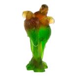 Daum, a pate de verre glass figure group of three parrots, green and amber,