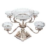 An Elizabeth II silver and cut glass epergne four branches radiating from a central column