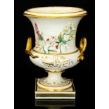 A Derby Bloor Campana urn vase, encrusted with floral specimens, gilt serpent handles,