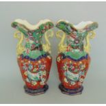 A pair of Masons Ironstone vases, swan neck handles,