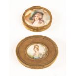 Two late 19th Century French gilt metal jewel caskets, both inset with portraits of ladies,