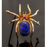 A black opal and ruby brooch, in the form of a spider,