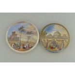 Two Staffordshire Prattware polychrome pot lids,