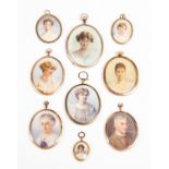 A collection of nine assorted oval Edwardian portrait miniatures, spanning generations,