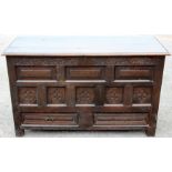 A Queen Anne oak mule chest, inscribed and dated 'MR 1713' to the top rail,