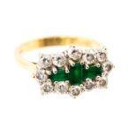 An emerald and diamond boat shaped cluster 18ct yellow gold ring,