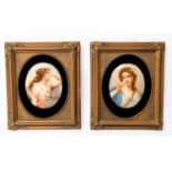 A pair of Vienna porcelain plaques, signed, of Classical women with floral garland and headdress,