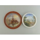 Two Staffordshire Prattware polychrome pot lids, one mounted in a light wooden frame,