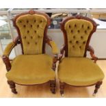 A pair of Victorian walnut parlour armchairs,