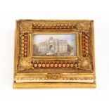 A 20th Century French gilt metal jewel casket, the cover inset with a view of the Paris Opera House,