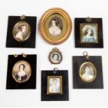 A collection of six early to mid 19th Century portrait miniatures of young ladies, on ivory,