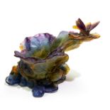 Daum, a pate de verre glass bowl, relief moulded leaf design with frog and moth, blue,