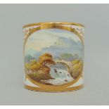 A Derby coffee can, painted landscape titled 'In Italy', the white ground lavishly gilded,