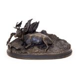 After Pierre Jules Mene (French, 1810-1879), a bronze study of a recumbent stag, oval plinth,