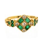 An 18ct yellow gold diamond and emerald off-set square fancy cluster ring,