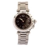 Cartier, a Cartier steel Pasha GMT wristwatch, 3cm circular black dial with illuminous hands,