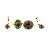 A 19th century yellow metal, garnet, diamond and enamel demi-parure, comprising ring,