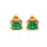 A pair of emerald and diamond square cluster 18ct gold stud earrings,