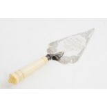 An Edwardian silver bright-cut engraved presentation trowel, turned ivory handle,