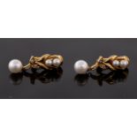 A pair of 18ct yellow gold cultured pearl drop and diamond set earrings,