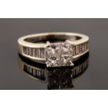 A diamond square cluster 18ct white gold ring, with diamond set shoulders,