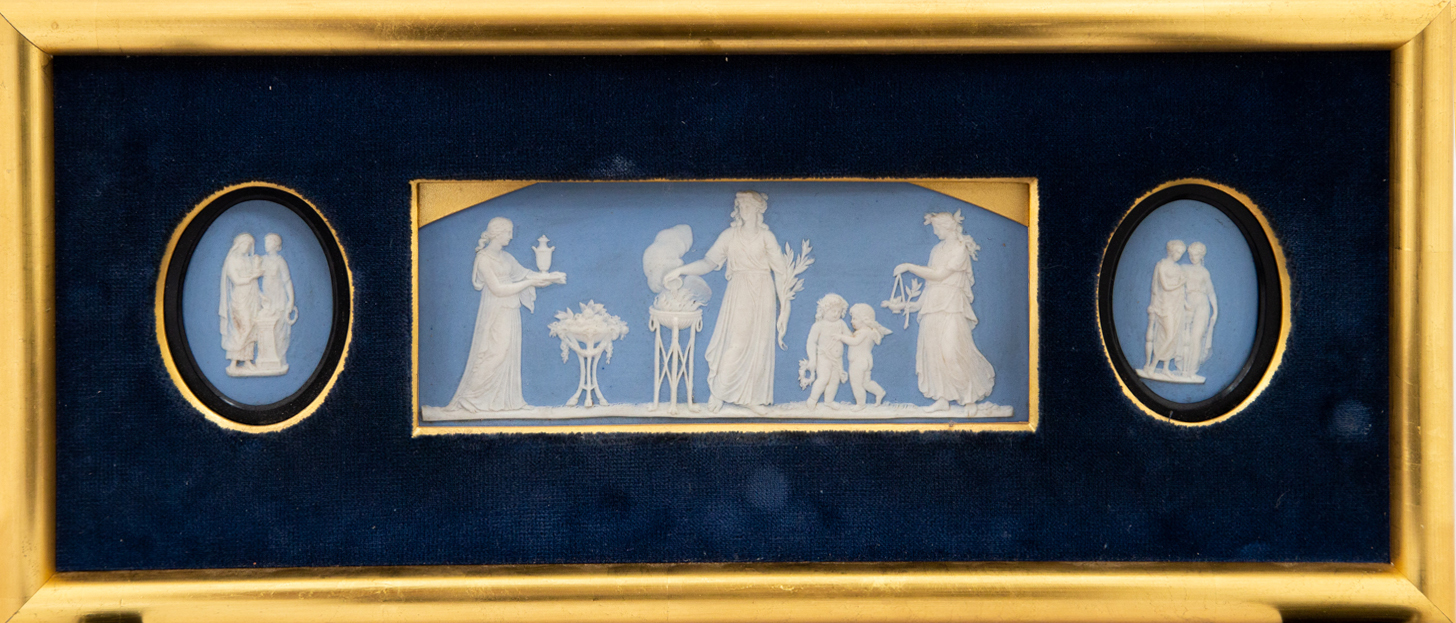 A Wedgwood blue jasper triple plaque