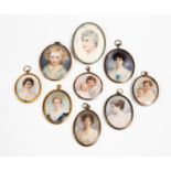 A collection of nine assorted Edwardian oval portrait miniatures, on ivory, spanning generations,